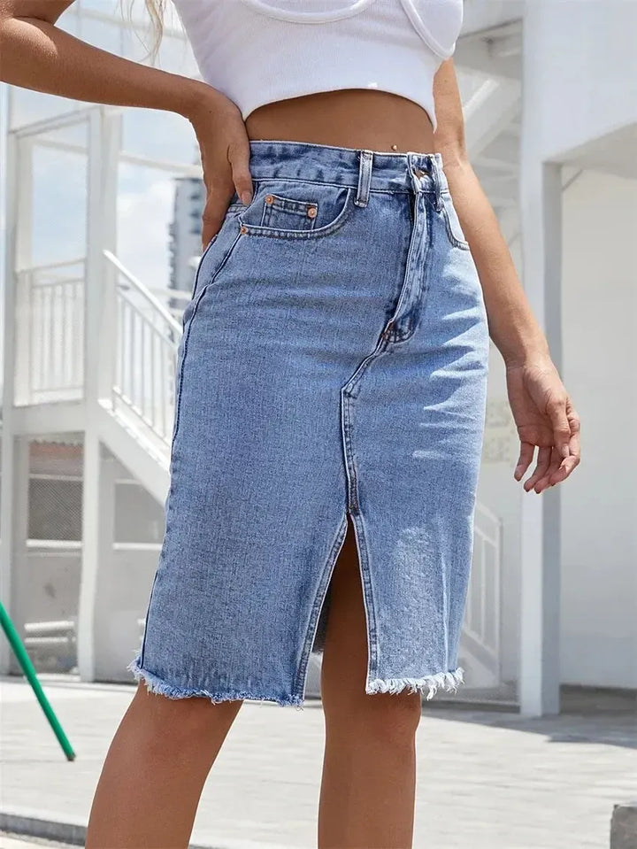 Blue Denim Midi Skirt for Women – High Waist A-Line Jean Skirt with Front Slit and Pockets-Skirt-Bennys Beauty World