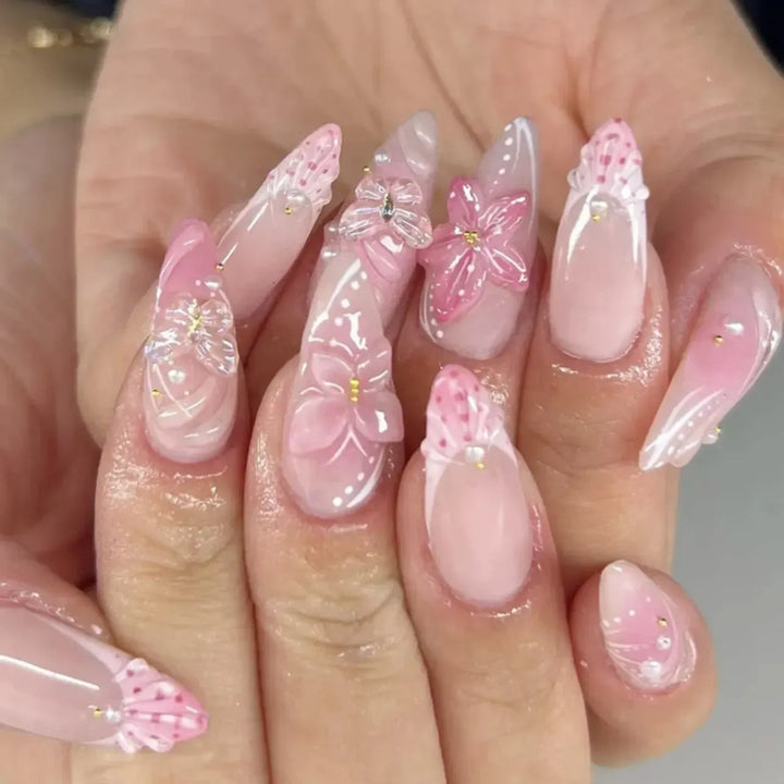 Gradient Pink Almond Press-On Nails – 24 Pcs Flower &amp; Pearl Design False Nails-Nails-Bennys Beauty World