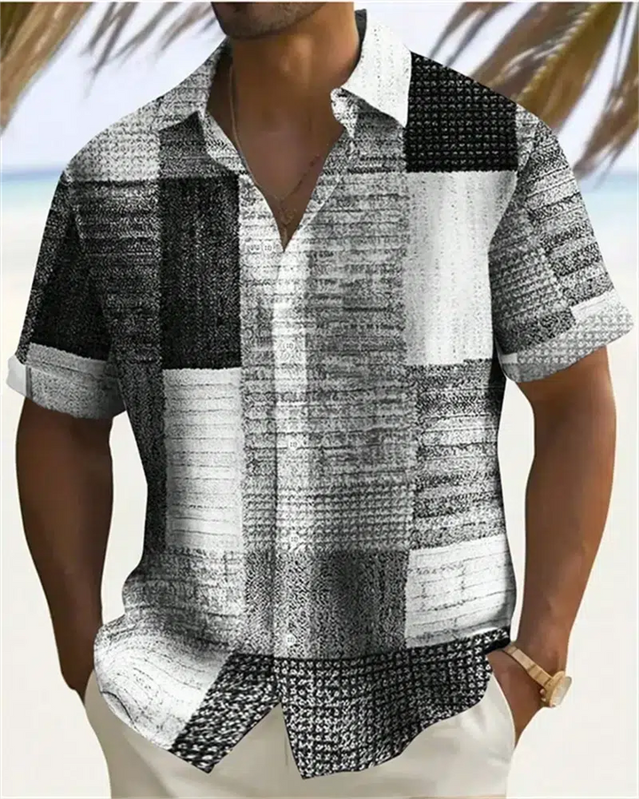 Men's Color Block 3D Printed button-down Lapel Short Sleeve Shirt-Shirts-Bennys Beauty World