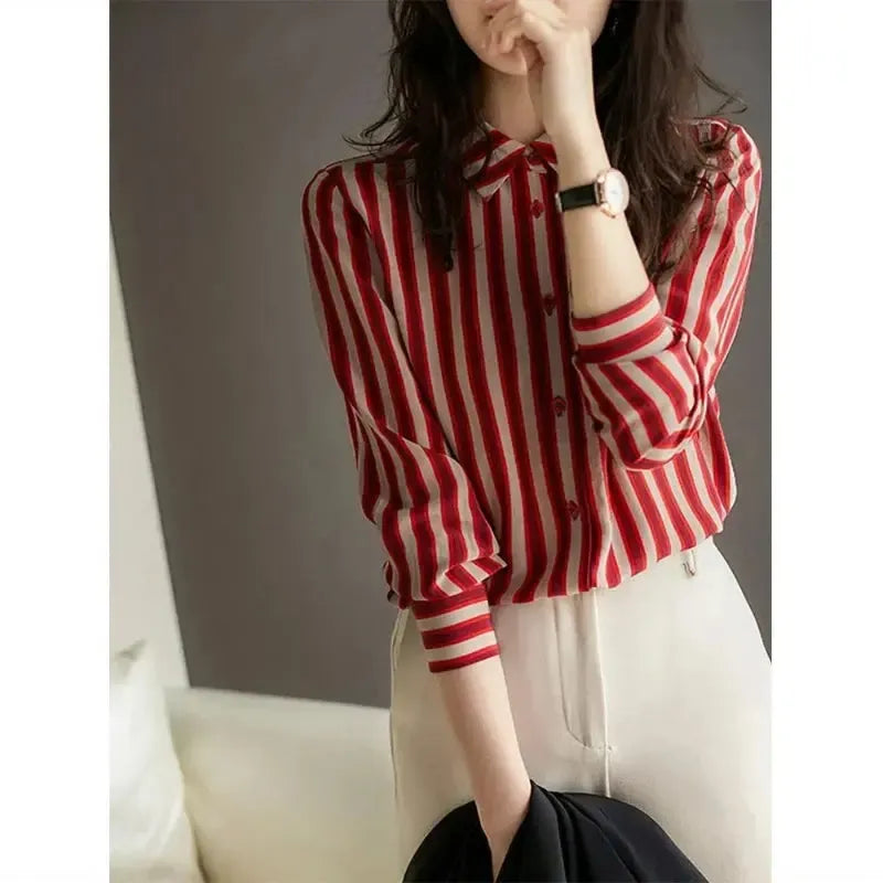 French Style Fashion Spring Shirts New Women's Polo-Neck Striped Single Breasted Simplicity Versatile Loose Long Sleeve Tops-Bennys Beauty World