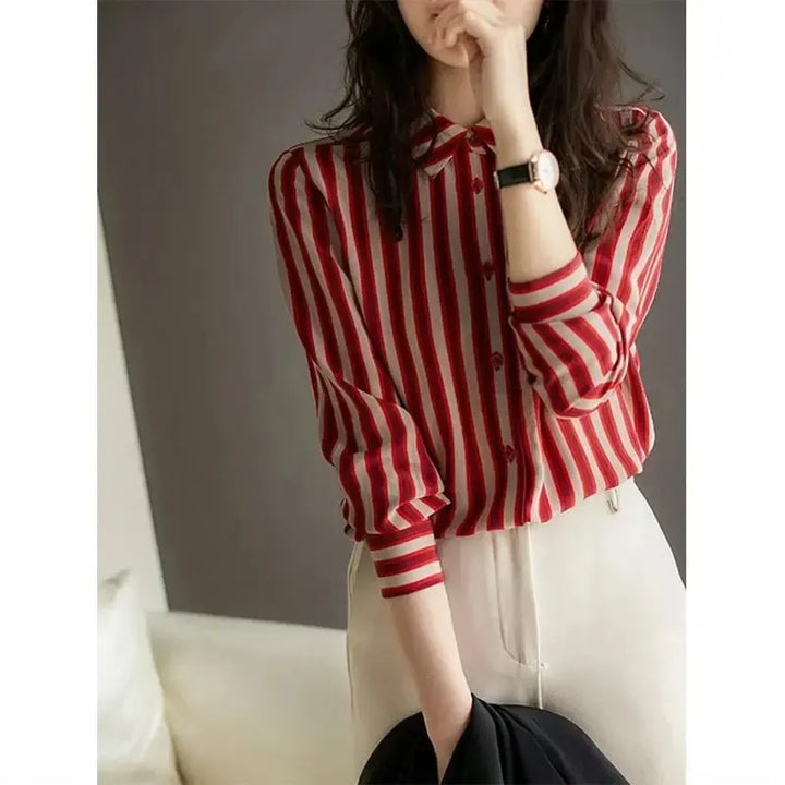 French Style Fashion Spring Shirts New Women's Polo-Neck Striped Single Breasted Simplicity Versatile Loose Long Sleeve Tops-Bennys Beauty World