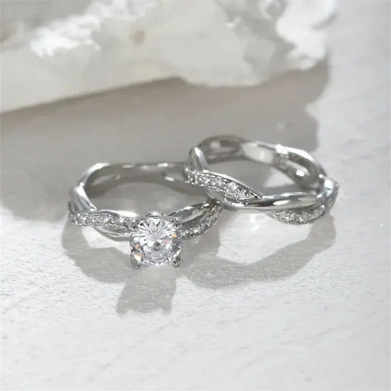 Cubic Zirconia Crossed Wedding Band Ring Set – Silver Plated Bridal Engagement Rings for Women-rings-Bennys Beauty World