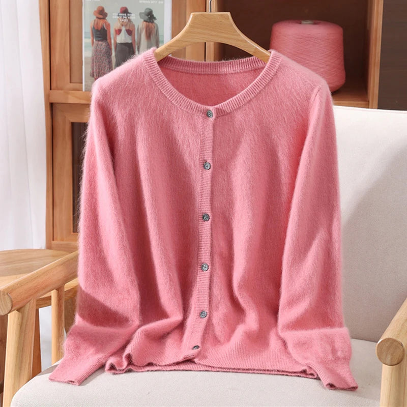 New Women 100% Mink Cashmere Sweater O-Neck Buttons Cardigan Autumn Winter Soft Warm Cable Kint Sweater Casual Long  Sleeve Tops