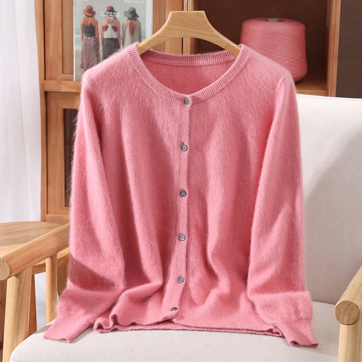 New Women 100% Mink Cashmere Sweater O-Neck Buttons Cardigan Autumn Winter Soft Warm Cable Kint Sweater Casual Long  Sleeve Tops