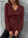 Fashion Satin Blouse For Women Autumn V Neck Long Sleeve Blous-blouse-Bennys Beauty World