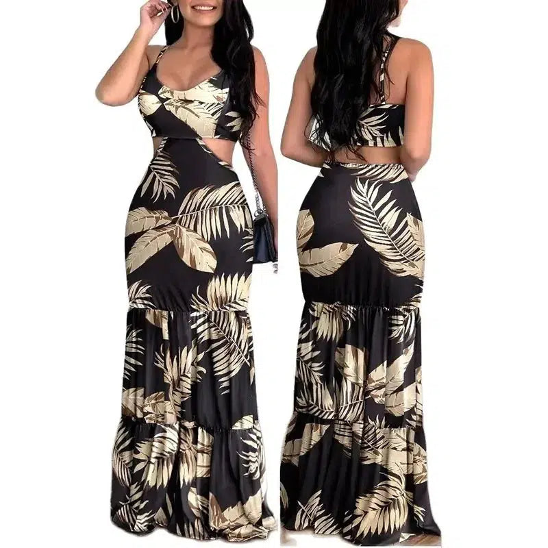 Women Backless Boho Maxi Ruffle Dress