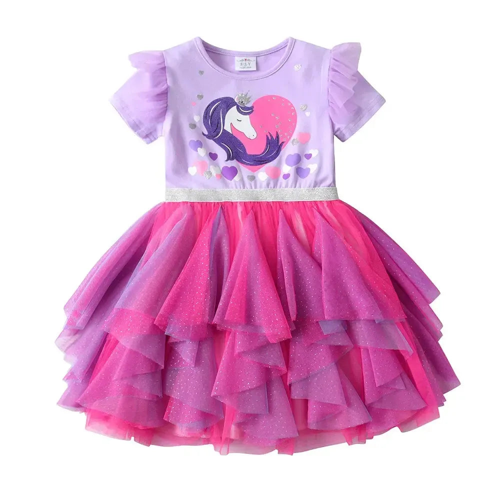 VIKITA Girls Heart Print Glitter Tutu Dress – Short Sleeve Layered Summer Princess Party Dress for Kids Ages 4–10-Baby &amp; Toddler Dresses-Bennys Beauty World