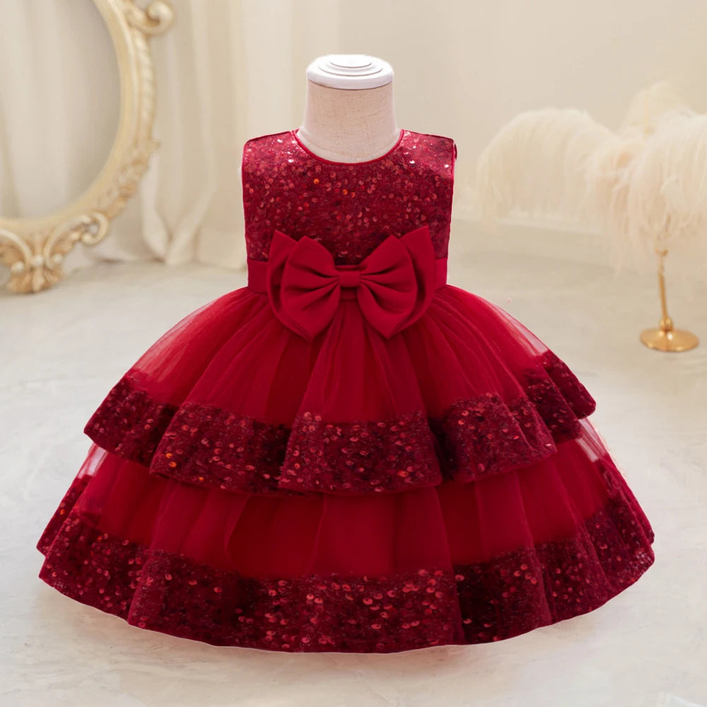 Sequin Bow Baby Girls Party Dresses Toddler 1st Birthday Baptism Dress