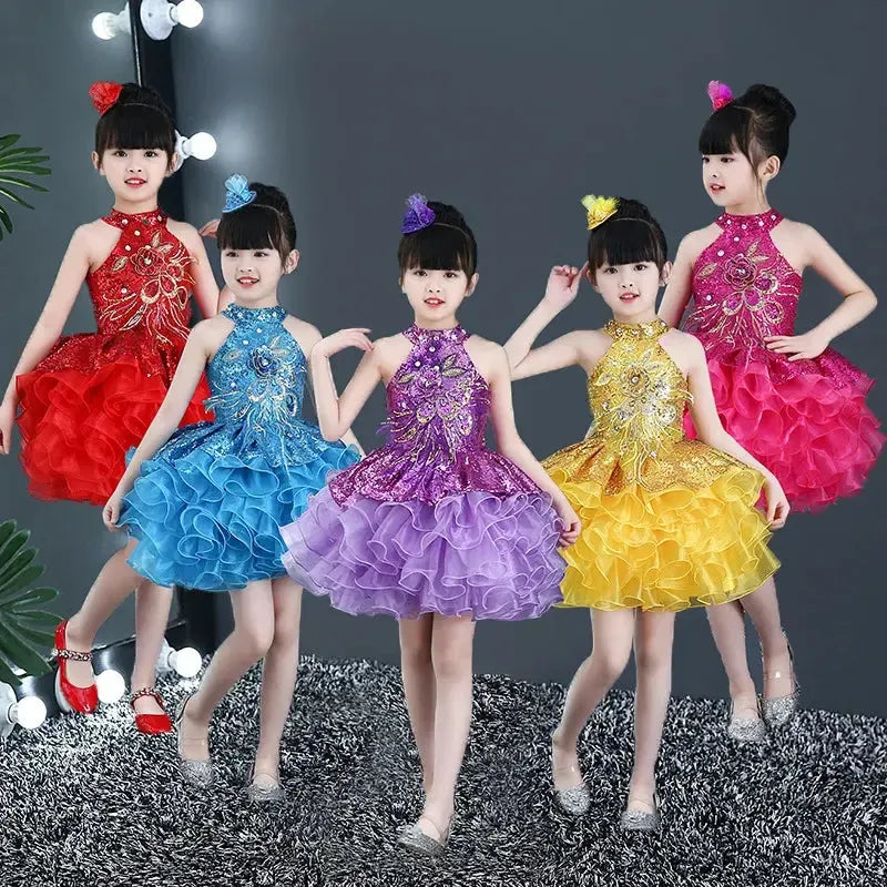 Girls Sequined Tutu Dance Dress – Princess Performance Costume for Kids-Dresses-Bennys Beauty World
