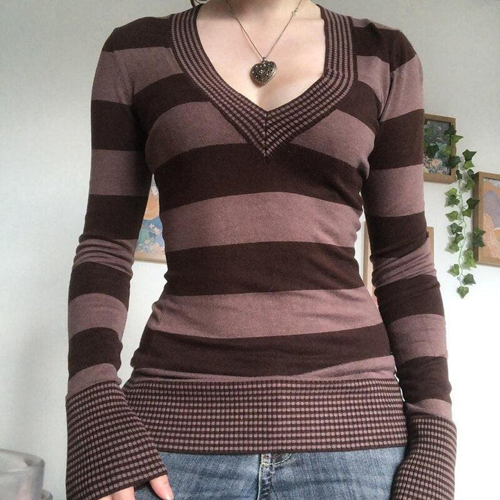 Vintage Knitted Sweater Cutest V Neck Long Sleeve Stripe Jumper-blouse-Bennys Beauty World