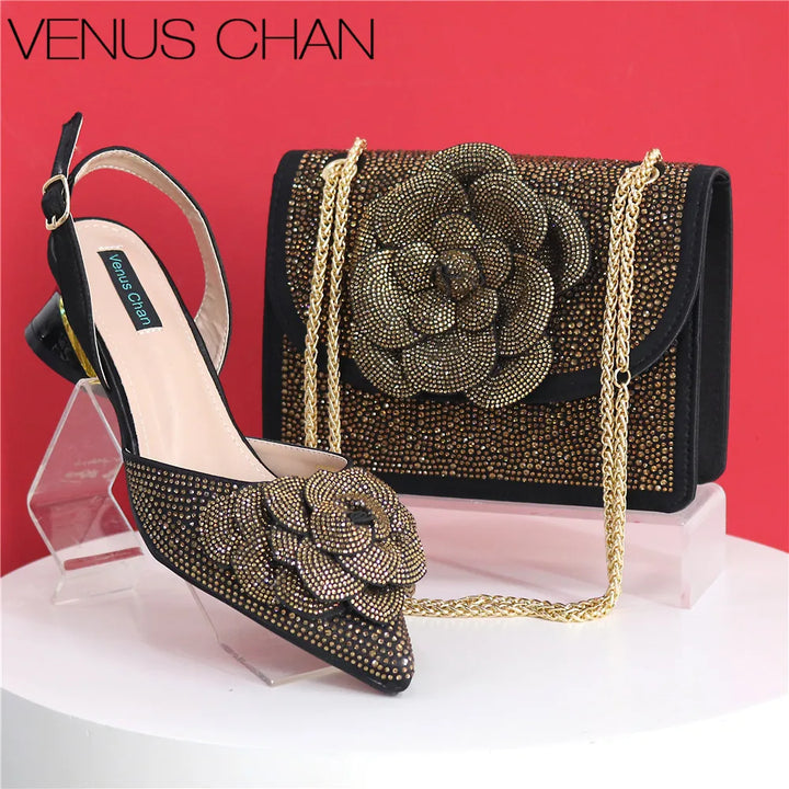 Peach Color Elegant Lady Shoes And Bag Set with Rhinestone