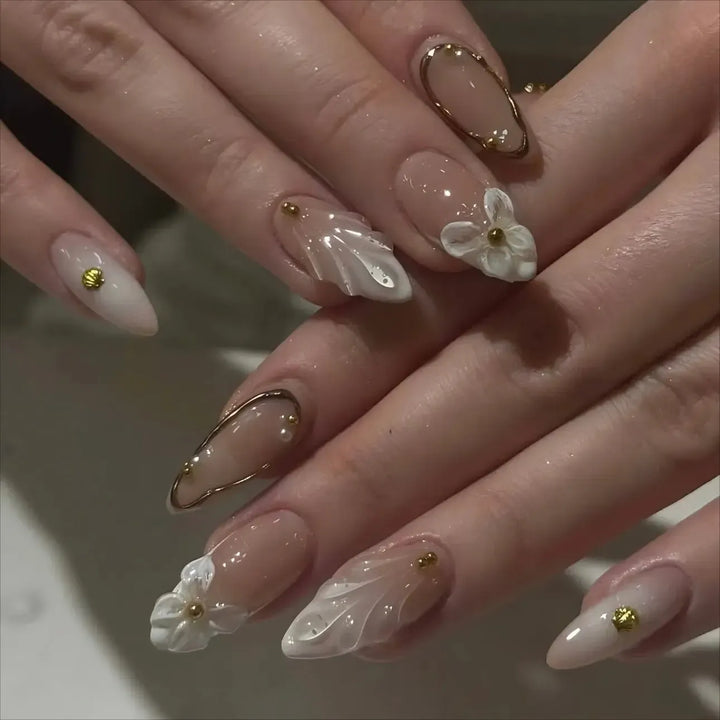 Gradient Pink Almond Press-On Nails – 24 Pcs Flower &amp; Pearl Design False Nails-Nails-Bennys Beauty World