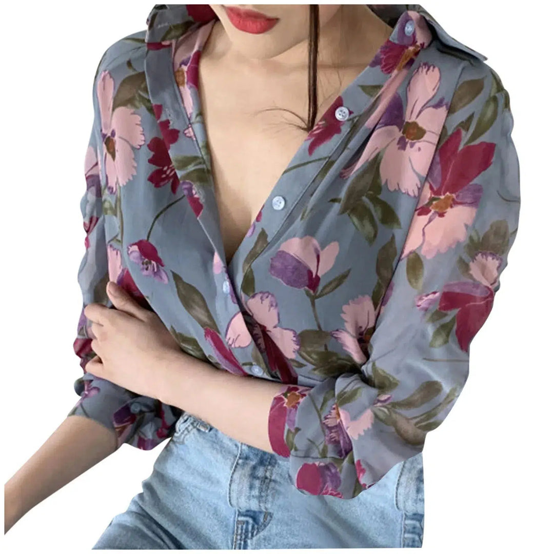 Women'S Blouse Dressy Blouses Puff Button Women Top V-Neck Printed Sleeve Fashion Long Chiffon Ladies Shirts Blusa Feminina-Bennys Beauty World