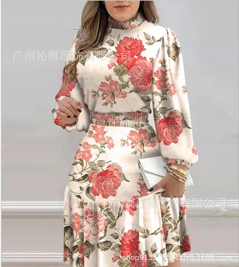 Floral Print Lantern Sleeve Pleated Ruffled Skirt Dress-Dress-Bennys Beauty World