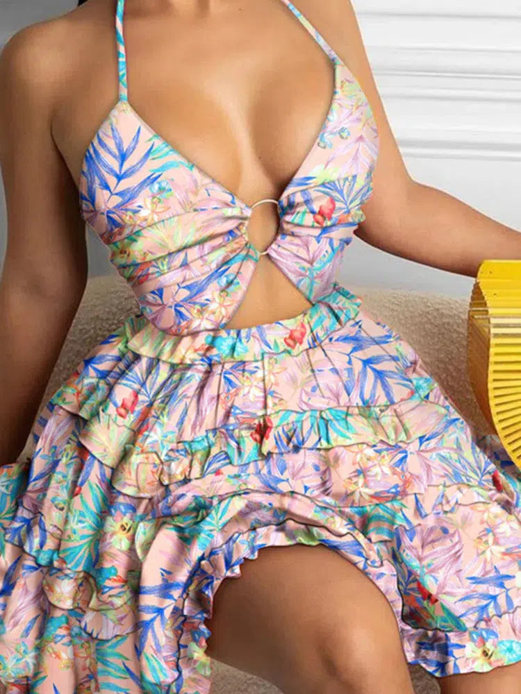 Cami Deep-V Floral Print Dress Women Sexy Backless Halter Summer Dress-Bennys Beauty World