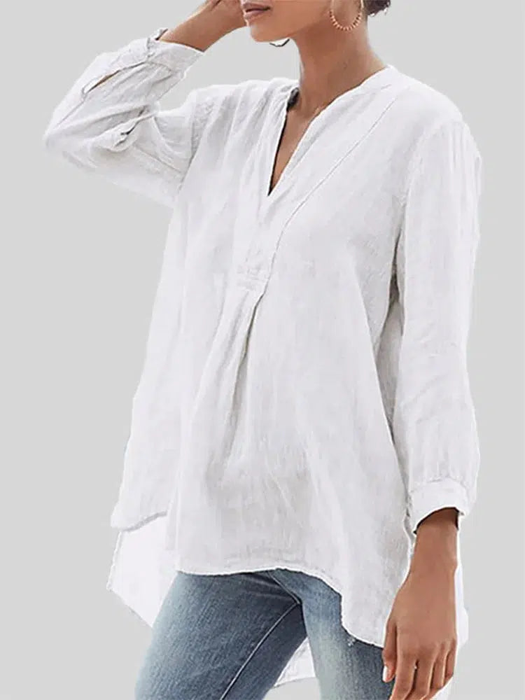 Cotton Linen Women Casual Tops Fashion Three Quarter Lantern Sleeve V-Neck Front Short Back Long Blouse Blusas De Mujer 2023-Bennys Beauty World