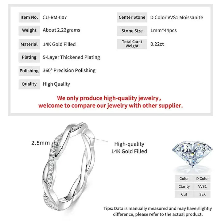 GRA Certified Moissanite Twisted Eternity Band Ring – 14K Gold Filled Engagement Ring for Women-Rings-Bennys Beauty World
