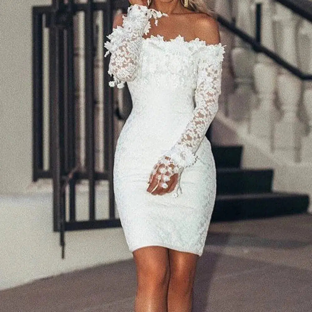 White Lace Dress Long Sleeve Evening Dress-Bennys Beauty World