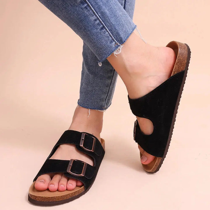 Comwarm Cork Footbed Sandals Women Summer Fashion Suede Flats Sandals With Arch Support Couple Open Toe Beach Slides Adjustable-Bennys Beauty World