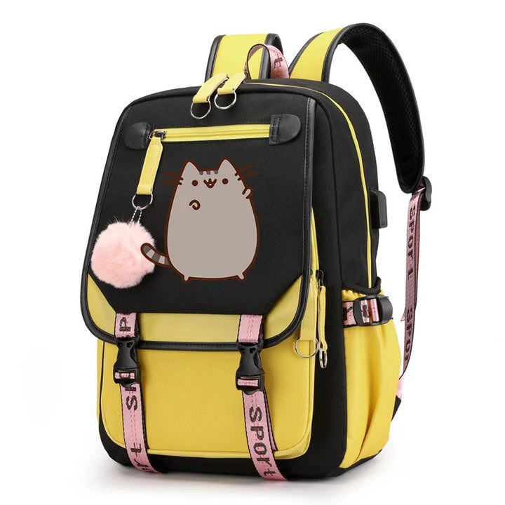Kawaii Cartoon Cat Backpack – Pink Canvas School Bag for Girls & Teens
