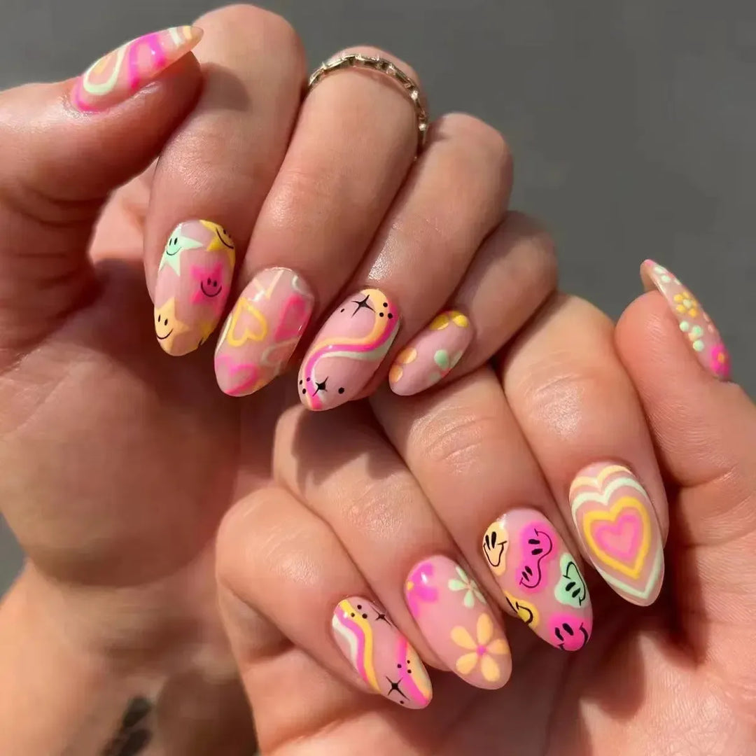 Short Round Press-On Nails – 24 Pcs Cute Line Flower Design Full Cover False Nails-Nails-Bennys Beauty World