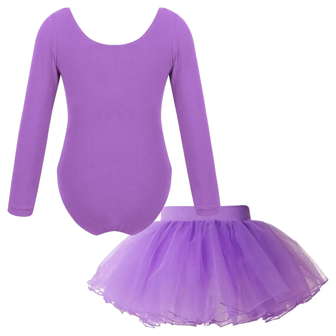 Girl Ballet Dance Leotard Long Sleeve Gymnastics Leotard+Tulle Tutu Skirt Outfit Kid Dance Training Workout Performance Bodysuit-Bennys Beauty World