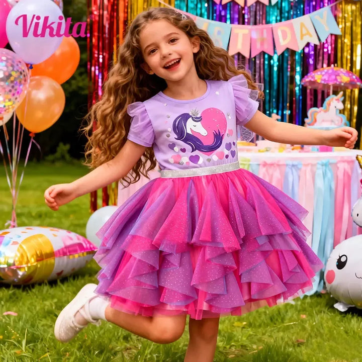 VIKITA Girls Heart Print Glitter Tutu Dress – Short Sleeve Layered Summer Princess Party Dress for Kids Ages 4–10-Baby &amp; Toddler Dresses-Bennys Beauty World