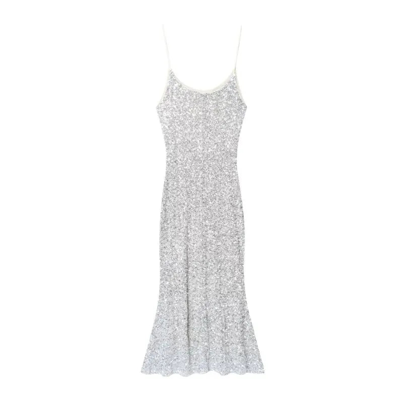 Silver Sequin Backless Evening Dress
