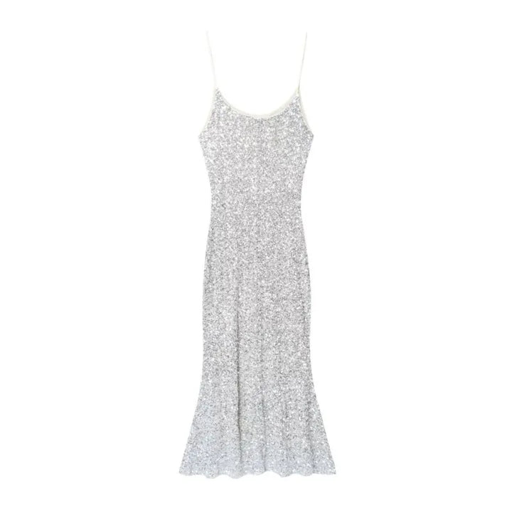 Silver Sequin Backless Evening Dress