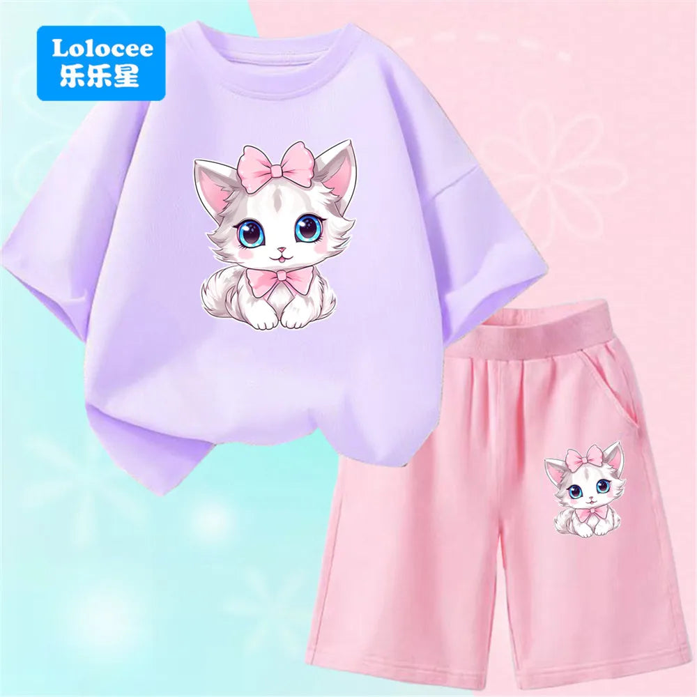 Girls Bow Cat Print T-Shirt &amp; Shorts Set | 2-Piece Summer Outfit | Ages 3–14