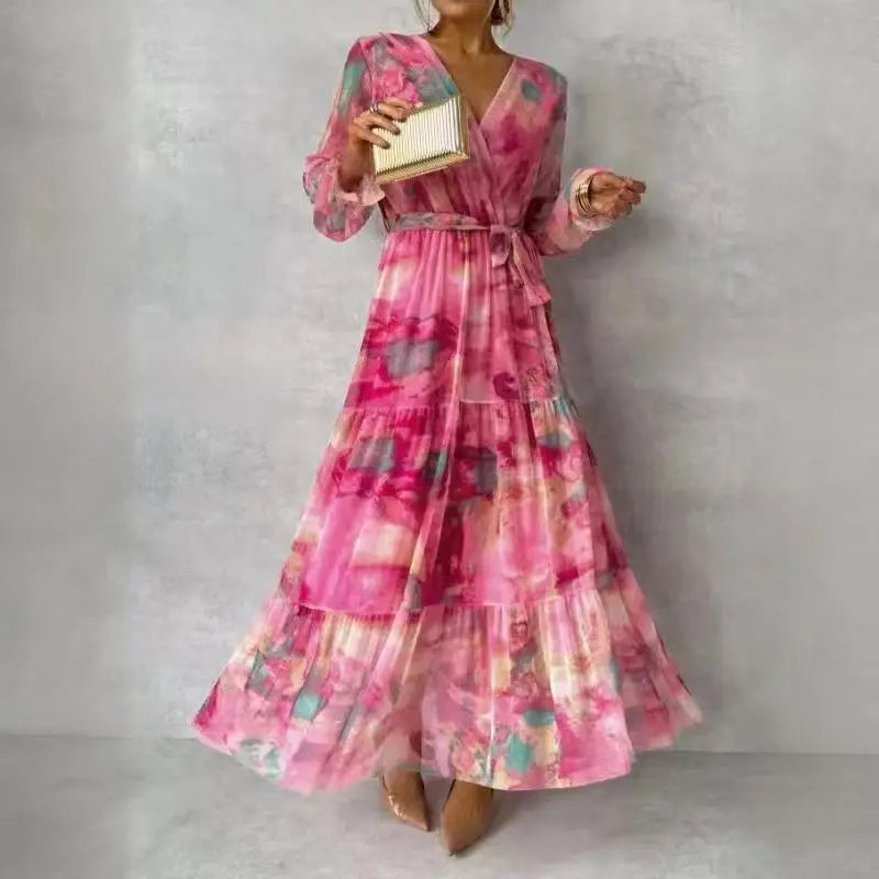 Ladies Fashion Printed V-neck Office Dress-Dresses-Bennys Beauty World