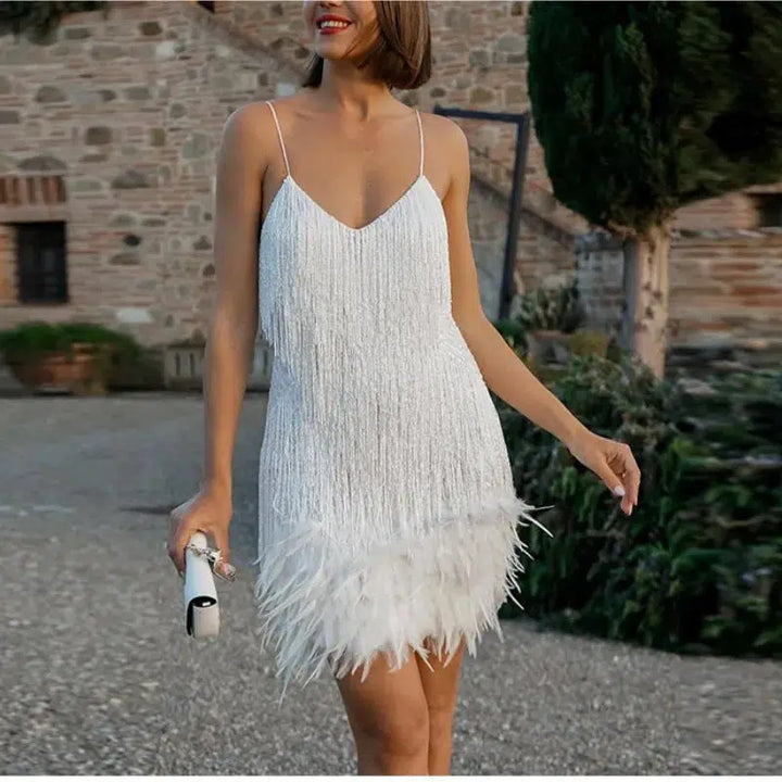 Tassel Sequins Feather Mini Party Dress For Women-Dresses-Bennys Beauty World