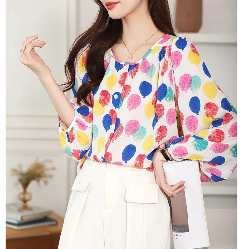 Womens Fashion Loose Casual Chiffon Shirts Spring Chic Balloon Printed Tops-blouse-Bennys Beauty World