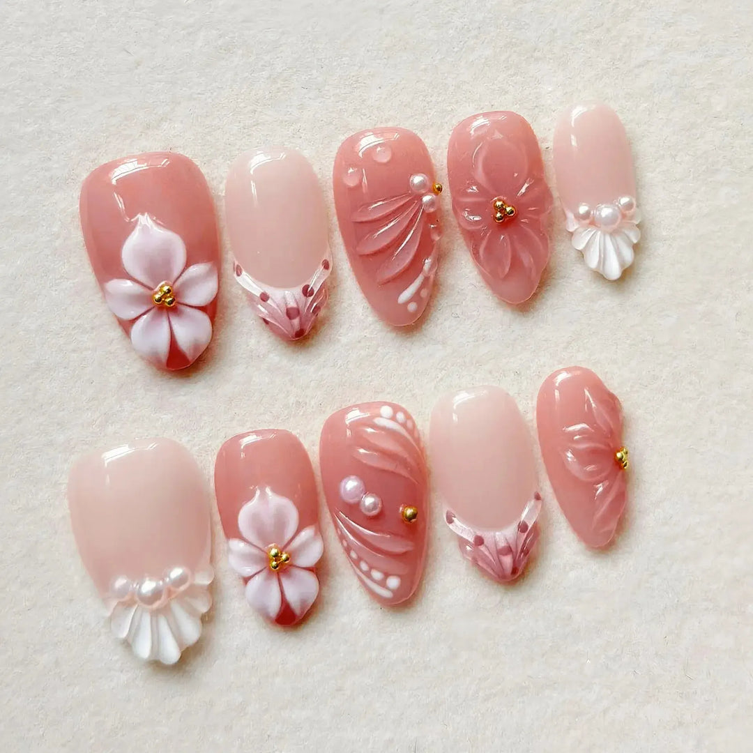 Gradient Pink Almond Press-On Nails – 24 Pcs Flower &amp; Pearl Design False Nails-Nails-Bennys Beauty World