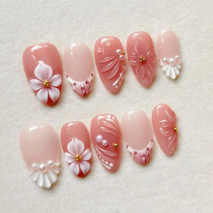 Gradient Pink Almond Press-On Nails – 24 Pcs Flower &amp; Pearl Design False Nails-Nails-Bennys Beauty World