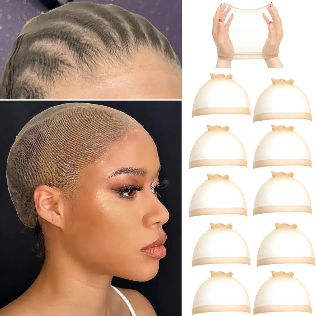 10Pcs Invisible Stocking Wig Cap for Lace Front Wig High-elastic Stretchy Breathable Nylon Wig Caps Ultra-thin Sheer Wig Cap-Bennys Beauty World