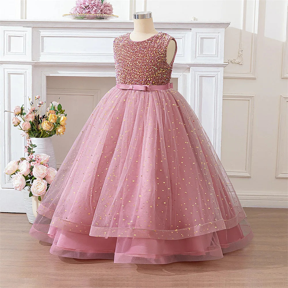 Girls Sequin Mesh Ball Gown – Bow Detail Party Dress, Ages 8–12