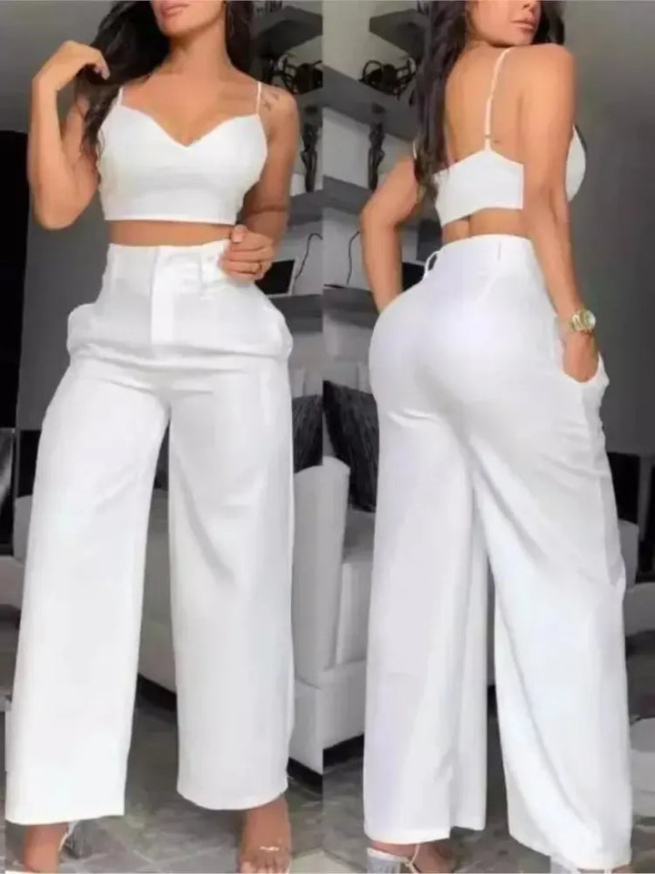 Women's Fashion Solid 2 Piece Sets Sexy V Neck Spaghetti Strap Short Tops-Outfit Set-Bennys Beauty World