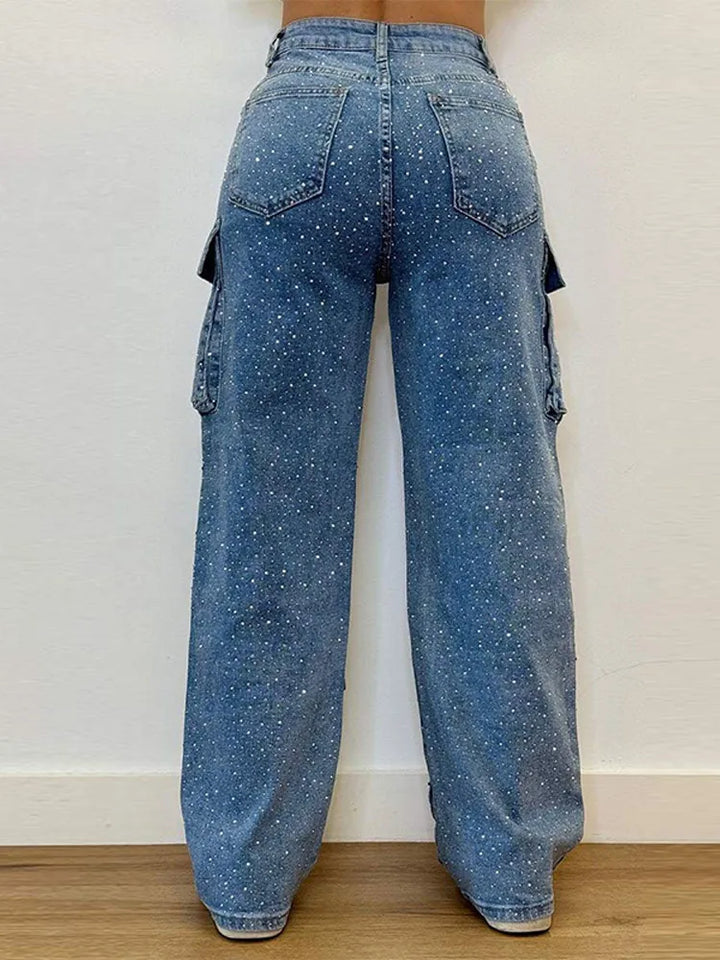 Rhinestones Jeans Women Multiple Pockets High Waist Pants