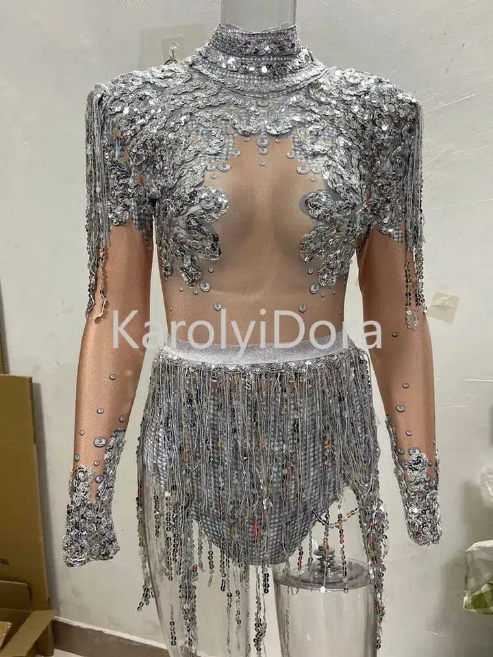 Women's Shining Rhinestone Sequins Tassels Jumpsuit, Stage Outfits, Stretch Fringes Bodysuits, Party Costume, Nightclub, Dancer-Bennys Beauty World