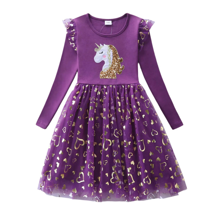 Girls Long Sleeve Mesh Cartoon Unicorn Dress-Dresses-Bennys Beauty World