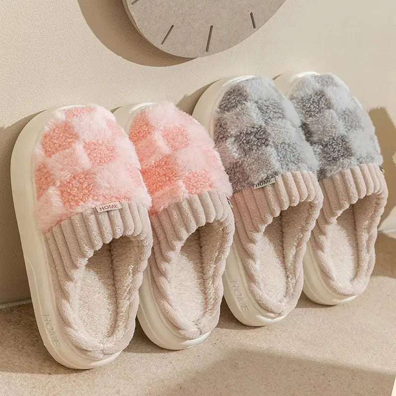 Warm Plaid Cotton Slippers Womens Indoor Non-slip Shoes