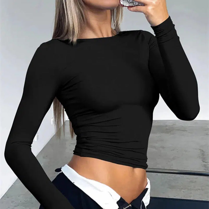 Long Sleeve T-Shirts Fot Women O-Neck Causal Solid Crop Tops-blouse-Bennys Beauty World