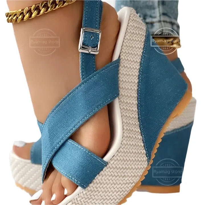 Women's Peep Toe Denim Wedge Shoes