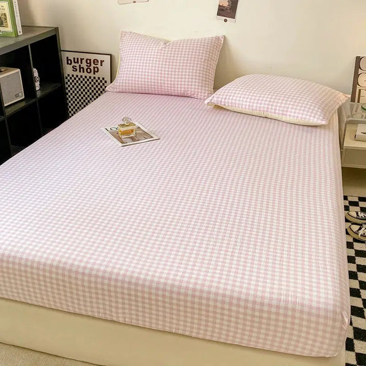 Plaid Style Fitted Sheet Skin-friendly Bed Cover Elastic Bedsheet