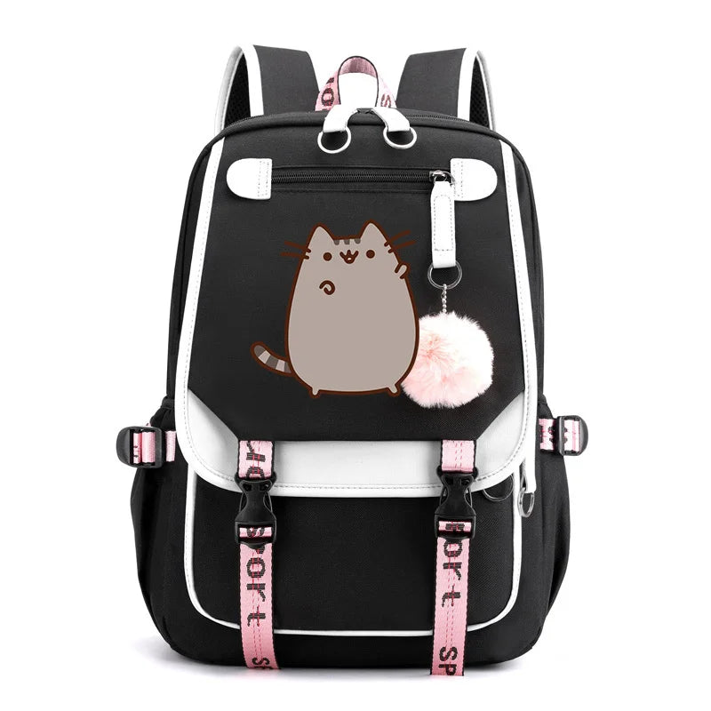 Kawaii Cartoon Cat Backpack – Pink Canvas School Bag for Girls & Teens
