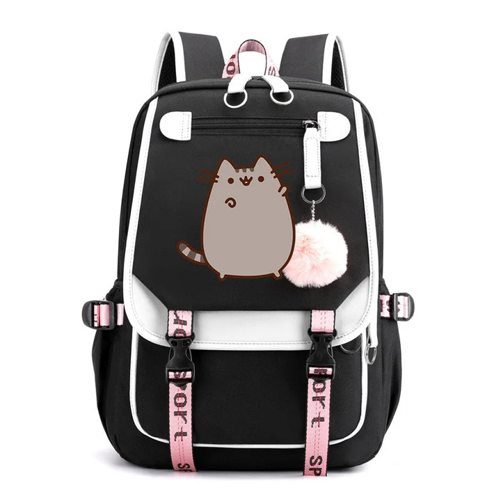 Kawaii Cartoon Cat Backpack – Pink Canvas School Bag for Girls & Teens