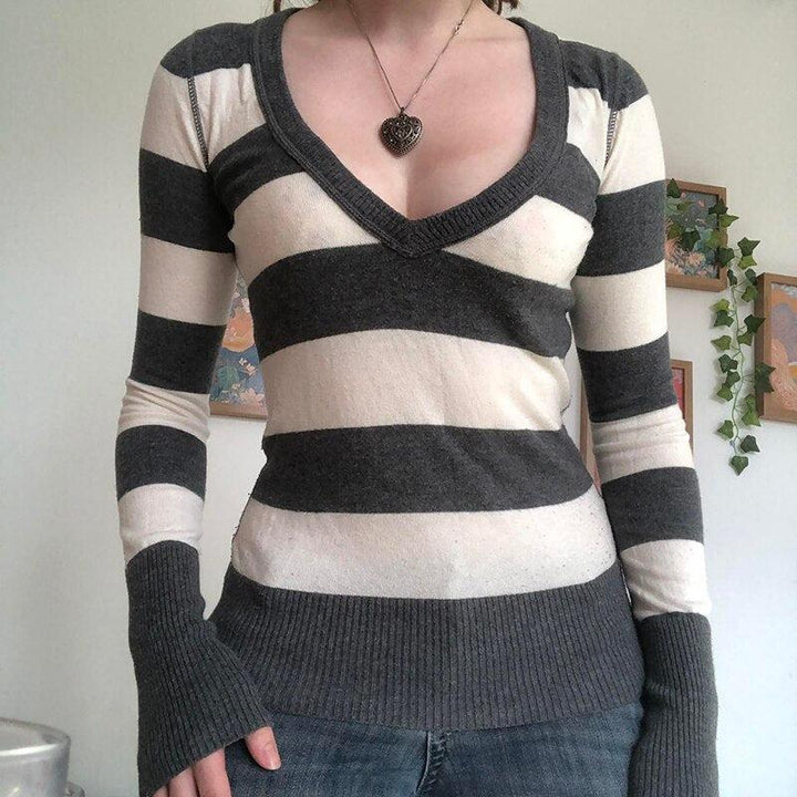 Vintage Knitted Sweater Cutest V Neck Long Sleeve Stripe Jumper-blouse-Bennys Beauty World