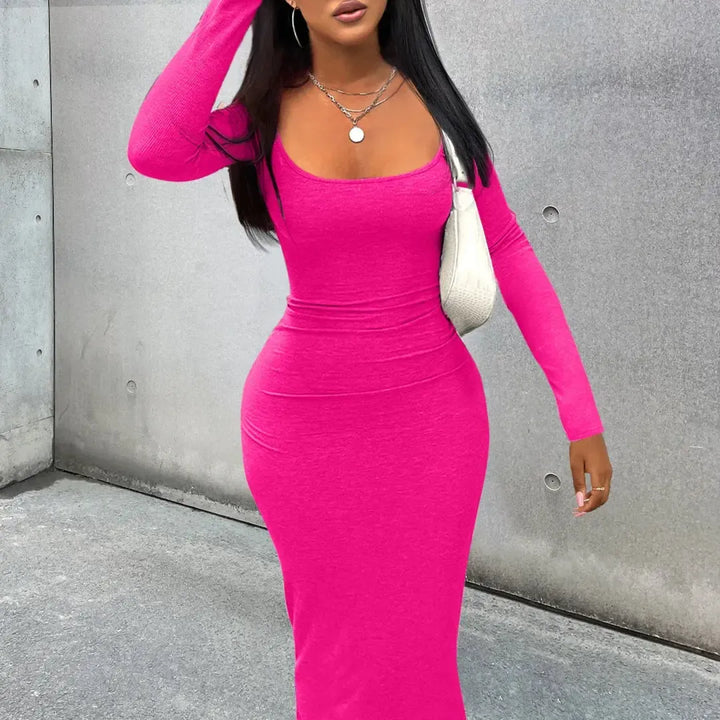 Women Dresses Long Sleeve Sheath Square Collar Slim Fit Dress Vestidos Slight Strech Streetwear Solid Sexy Wrap Buttocks-Bennys Beauty World