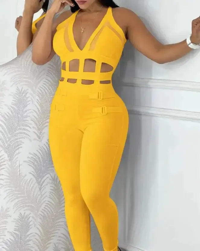 Women's jumpsuit 2025 summer new sleeveless new fashionable hollow camisole buckle comparison mesh tight jumpsuit-Bennys Beauty World